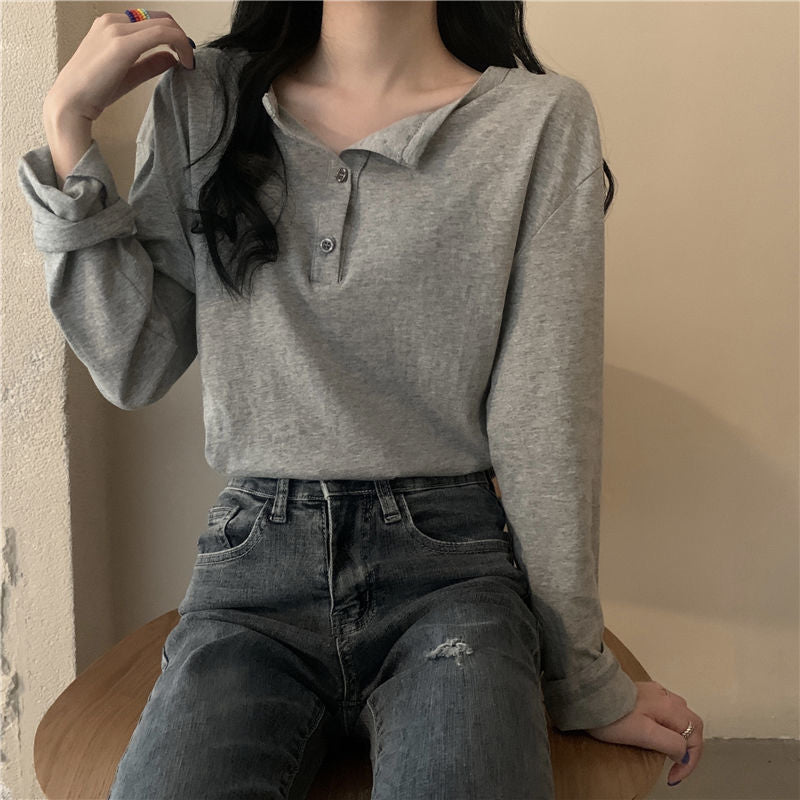 Women's Long Sleeve Henley Shirt with Modern Collar and Continuous Button Placket Lisslune