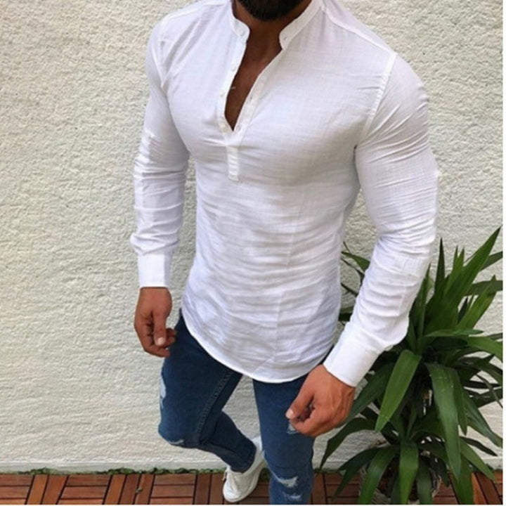 Men's Long Sleeve Shirt with Modern Stand Collar and Button Closure Lisslune