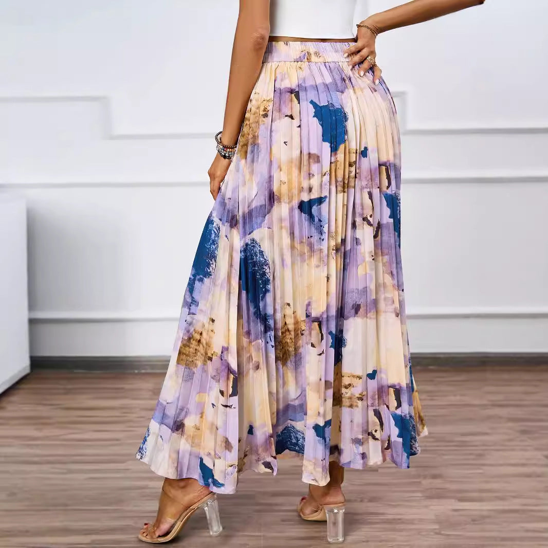 Women's pleated skirt with colorful watercolor pattern and elegant waist Lisslune