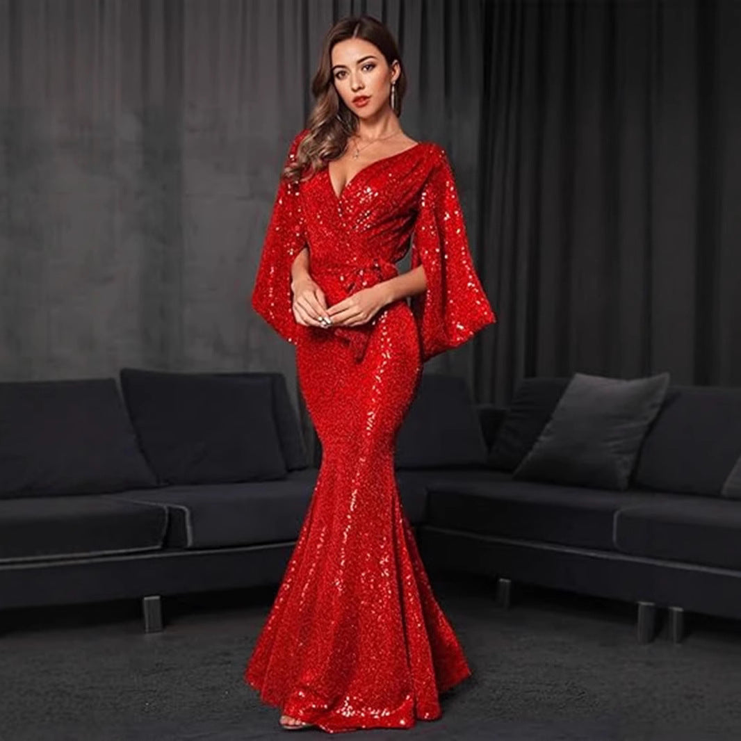 Women's Glamorous Sequin Evening Dress with Deep V-Neck and Flowing Skirt Lisslune