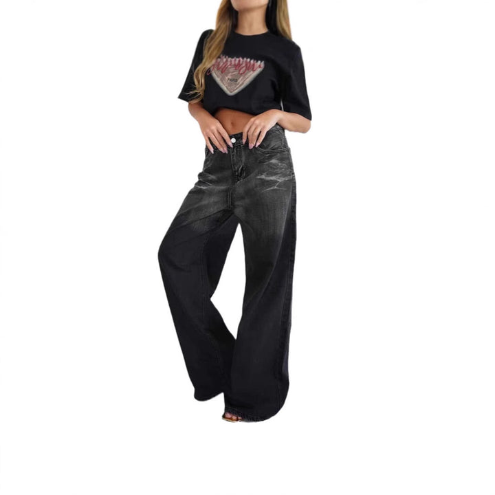 Women's loose high-waist jeans with trendy gradient and wide leg Lisslune