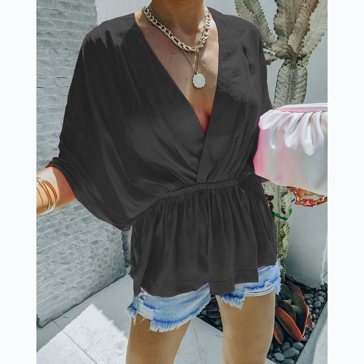 Women’s Lightweight Blouse Top with Deep V-Neck and Elastic Waistband Lune London