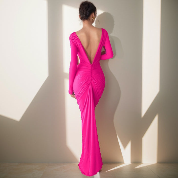 Ladies maxi dress with deep V-neckline and voluminous gathers