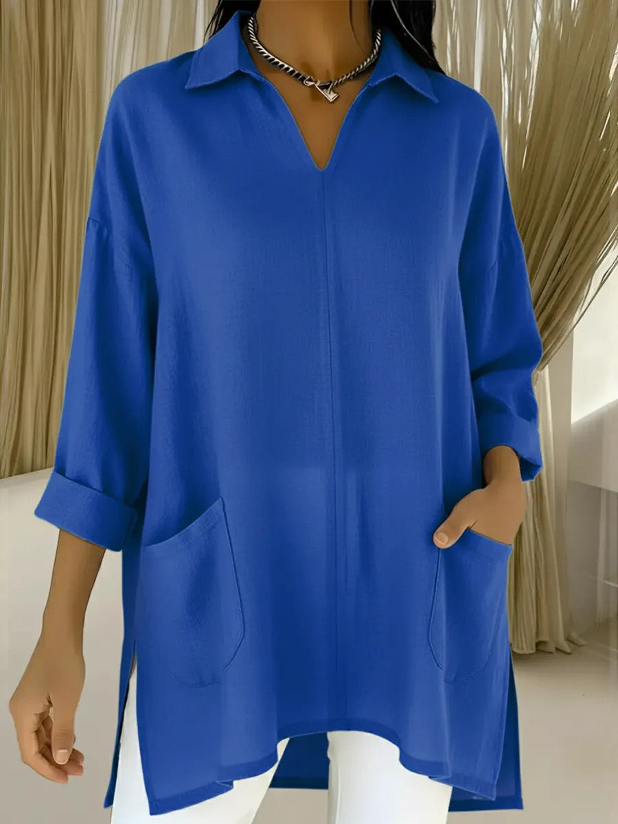 Women’s long sleeve blouse with elegant V-neck and practical pockets Lisslune