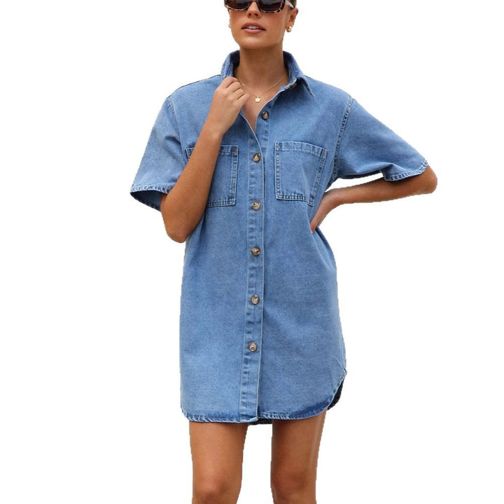 Women’s denim shirt dress with short sleeves and practical pockets