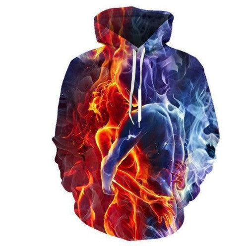 Men's hooded shirt with vibrant tiger design and fiery accents Lisslune