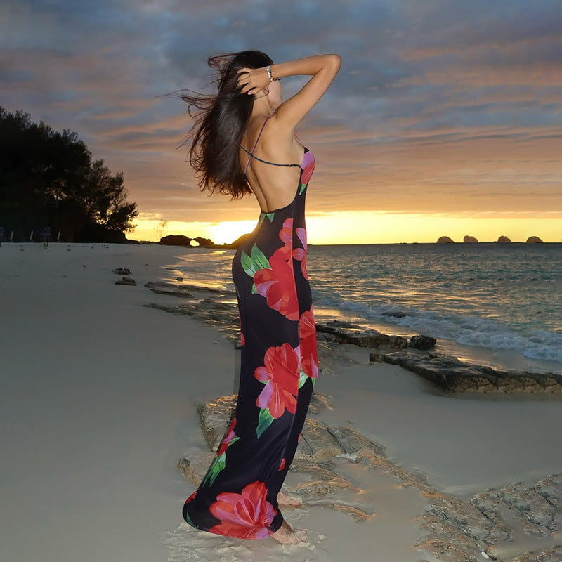 Women's fitted maxi dress with floral accents and narrow spaghetti straps Lune London