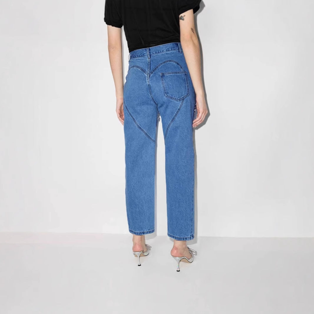 Ladies jeans with an extravagant cut-out design and glittering embellishments