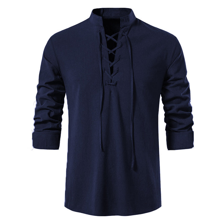 Men's casual long-sleeve shirt with innovative lacing and modern stand-up collar Lisslune
