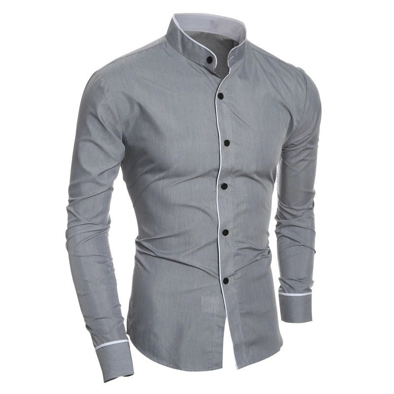 Men's Long-Sleeved Shirt with Modern Stand Collar and Contrasting Accents Lisslune