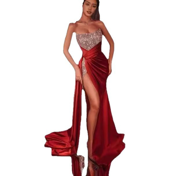 Women's Glamorous Maxi Dress with Sparkling Top and High Slit