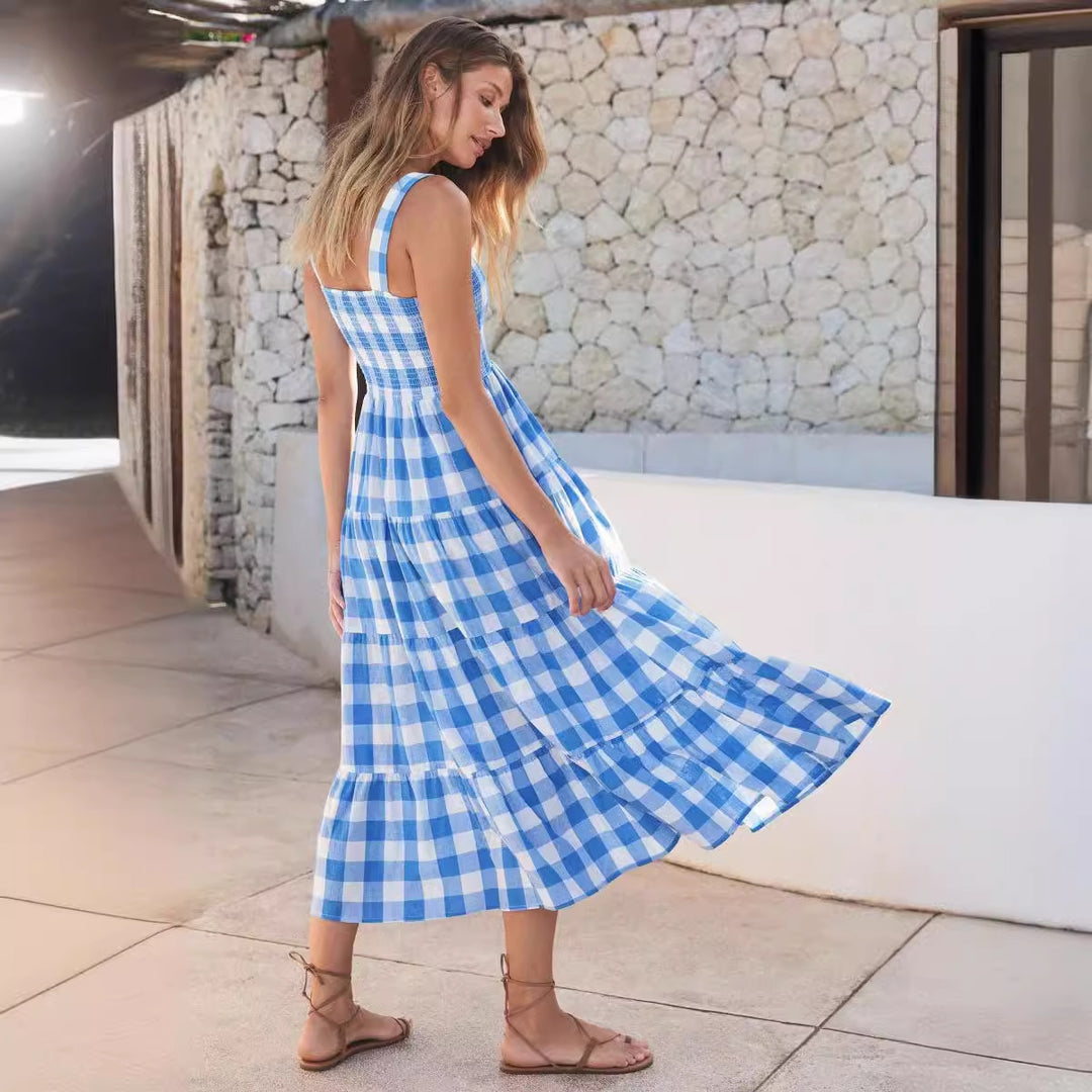 Ladies Summer Maxi Dress with Checked Design and Straps Lisslune