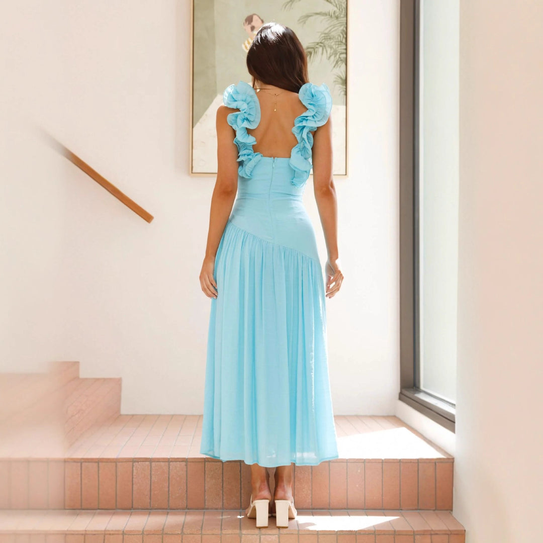 Ladies maxi dress with elegant ruffles and figure-hugging cut