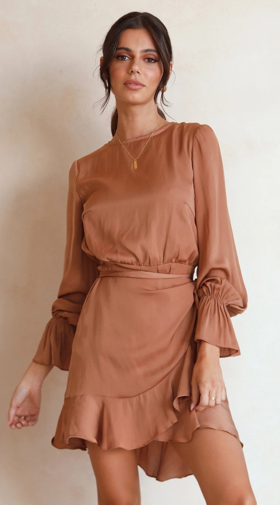 Women's wrap dress with swinging ruffle sleeves and elegant waist tie Lune London