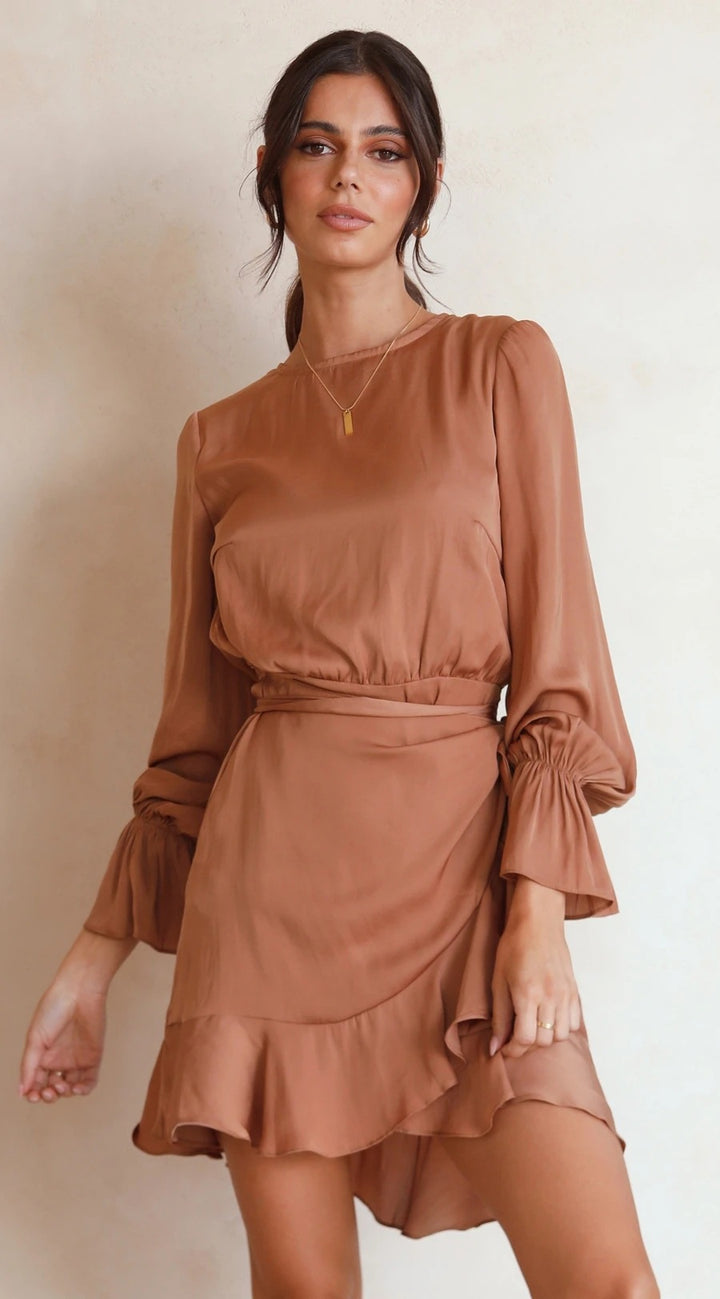Women's wrap dress with swinging ruffle sleeves and elegant waist tie Lune London
