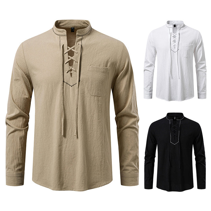 Men's long sleeve shirt with high-quality stand-up collar and decorative lacing Lisslune