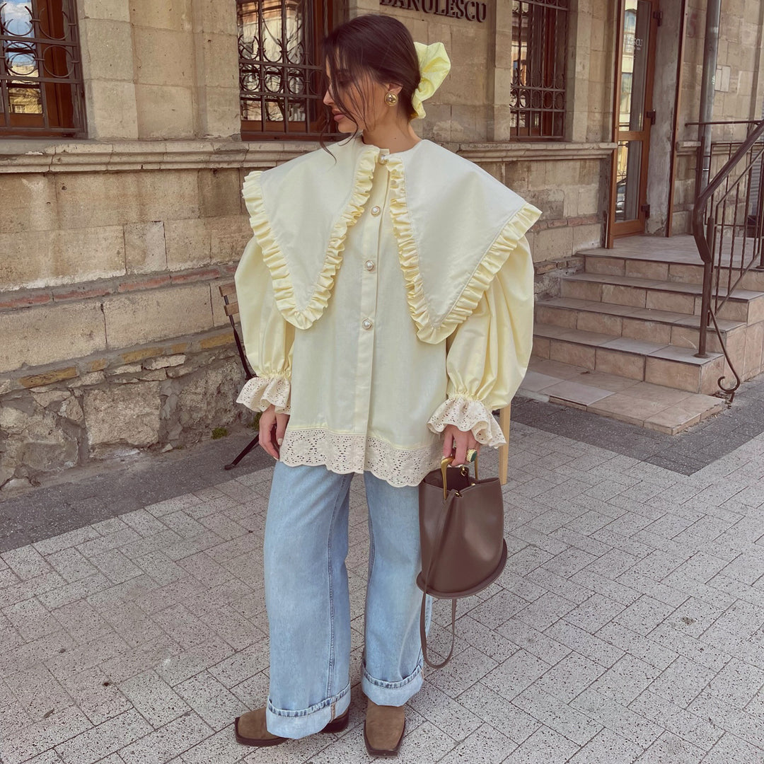 Women's oversized blouse with ruffle details and lace trim Lisslune