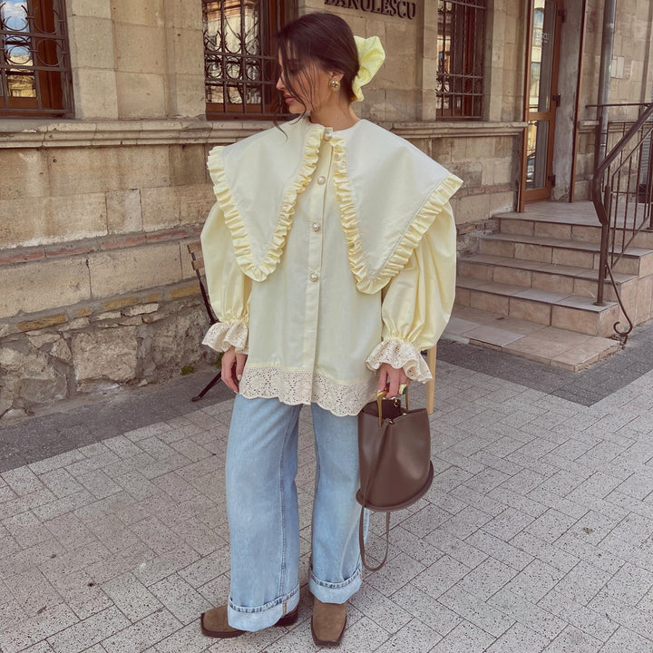 Women's oversized blouse with ruffle details and lace trim Lisslune