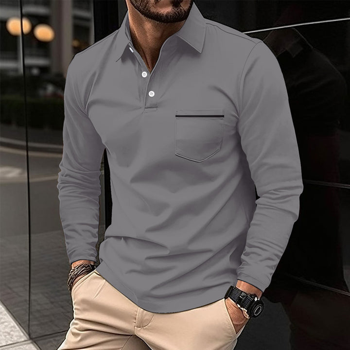 Men's long sleeve polo shirt with fashionable stand-up collar and practical chest pocket Lisslune