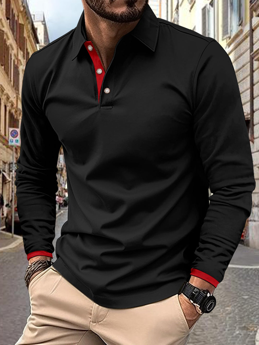 Men's Long Sleeve Polo Shirt with Stylish Collar and Elegant Button Details Lisslune