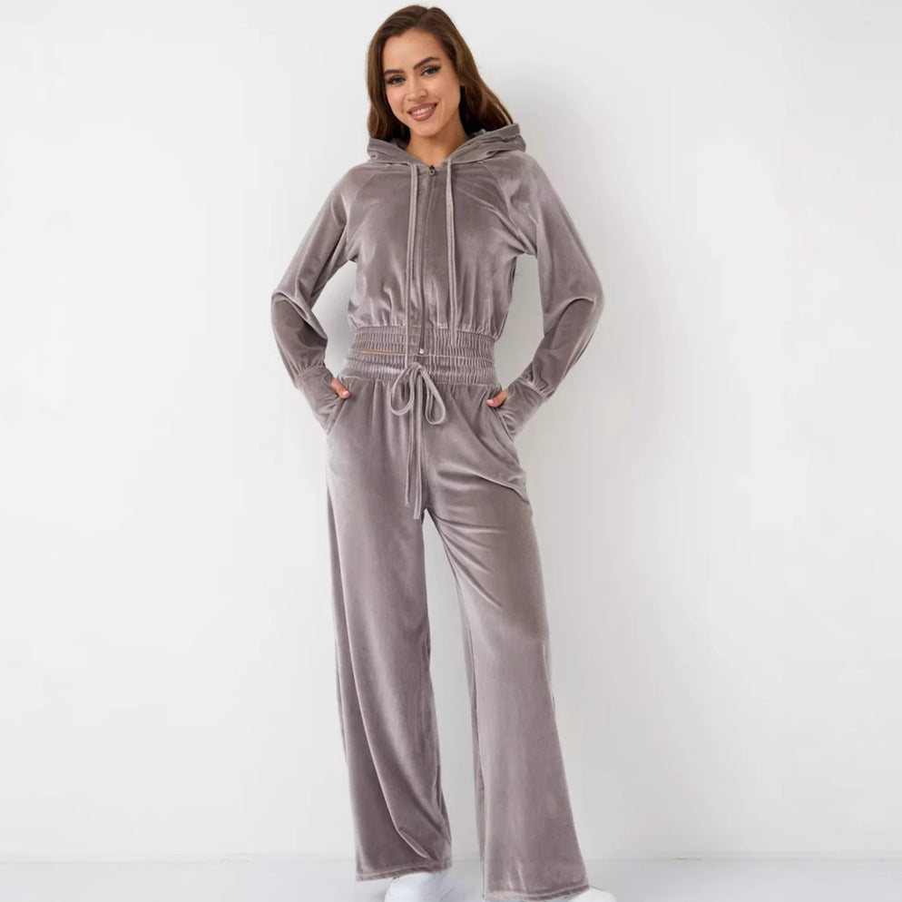 Ladies fashionable velour loungewear set with cropped jacket and wide pants Lisslune