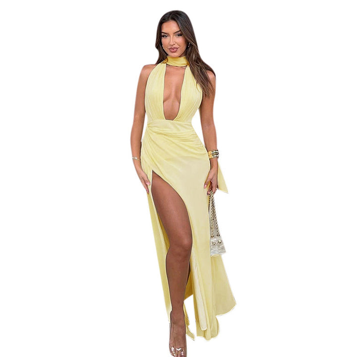 Women's Elegant Maxi Dress with Deep V-Neck and High Slit