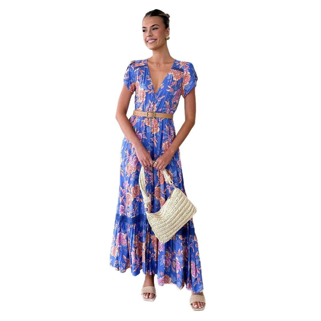 Women's maxi dress with elegant V-neckline and feminine ruffle details