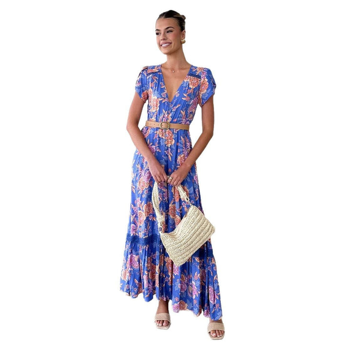 Women's maxi dress with elegant V-neckline and feminine ruffle details