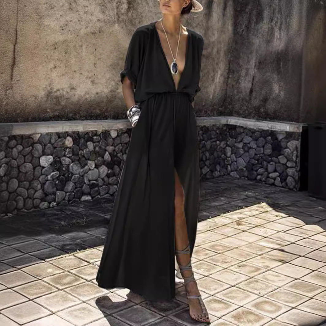 Women's Elegant Maxi Dress with Deep V-Neck and High Slit Lisslune