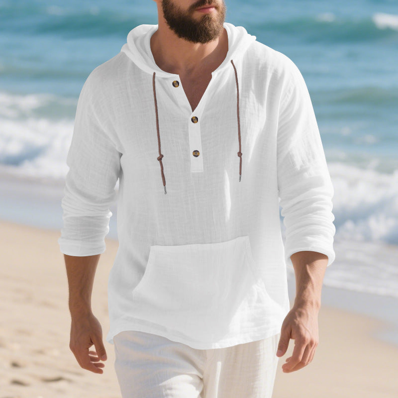 Men's casual hooded top with button placket and practical kangaroo pocket Lisslune