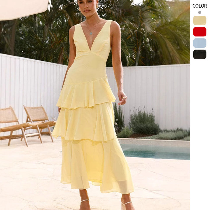 Women's Elegant Maxi Dress with Ruffles and Deep V-Neck