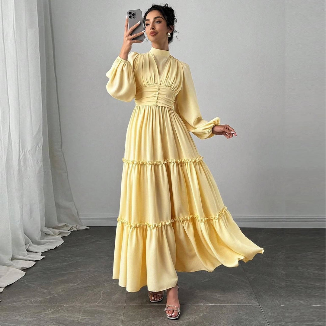 Ladies Maxi Dress with Elegant Ruffle Details and Gathered Top