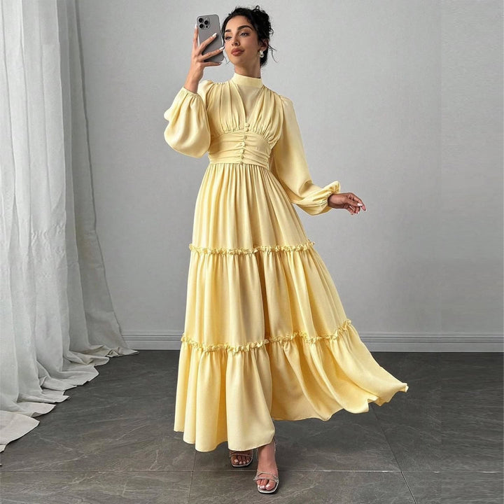 Ladies Maxi Dress with Elegant Ruffle Details and Gathered Top