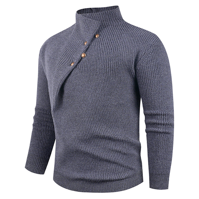 Men's knitted sweater with asymmetric collar and decorative wooden buttons Lisslune