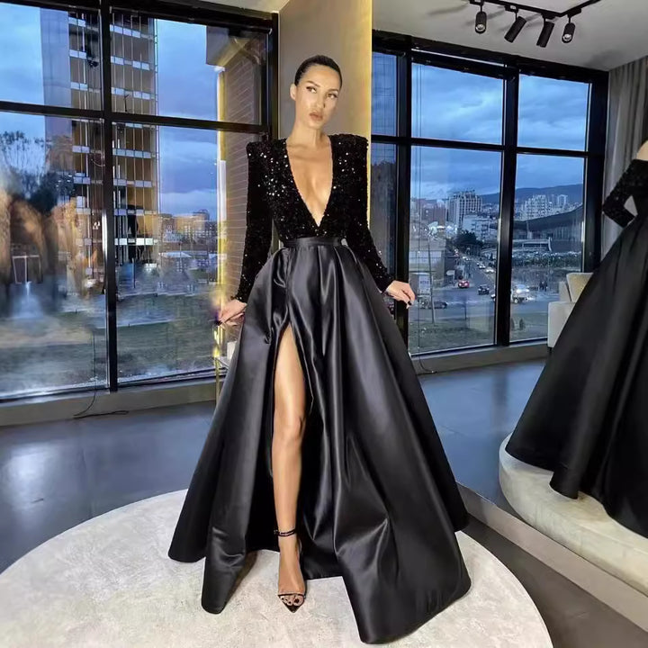 Women's Glamorous Evening Dress with Deep V-Neck and High-Cut Skirt Lisslune