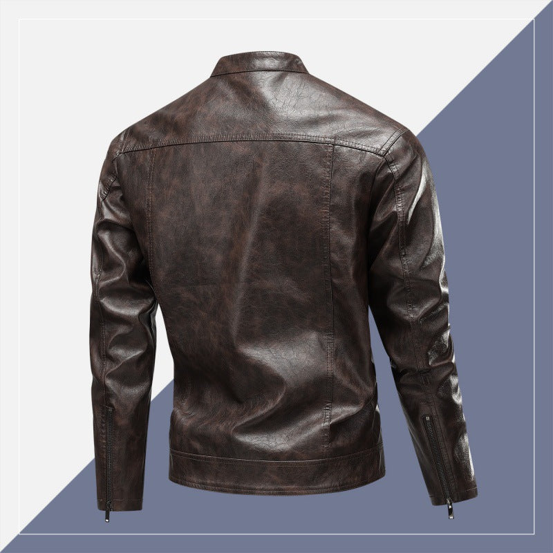 Men's faux leather jacket with modern stand-up collar and practical zipper pockets Lisslune