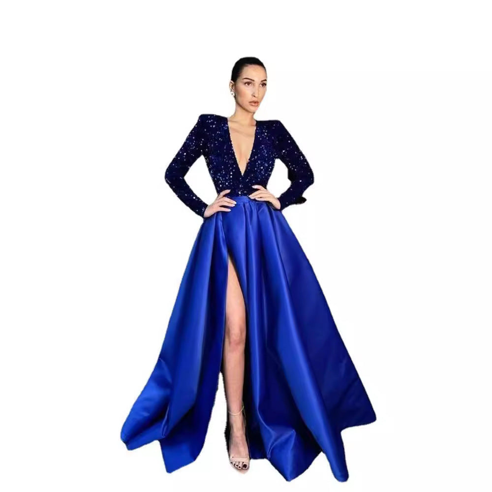 Women's Glamorous Evening Dress with Deep V-Neck and High-Cut Skirt Lisslune