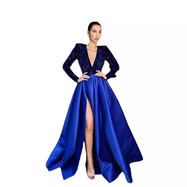 Women's Glamorous Evening Dress with Deep V-Neck and High-Cut Skirt Lisslune