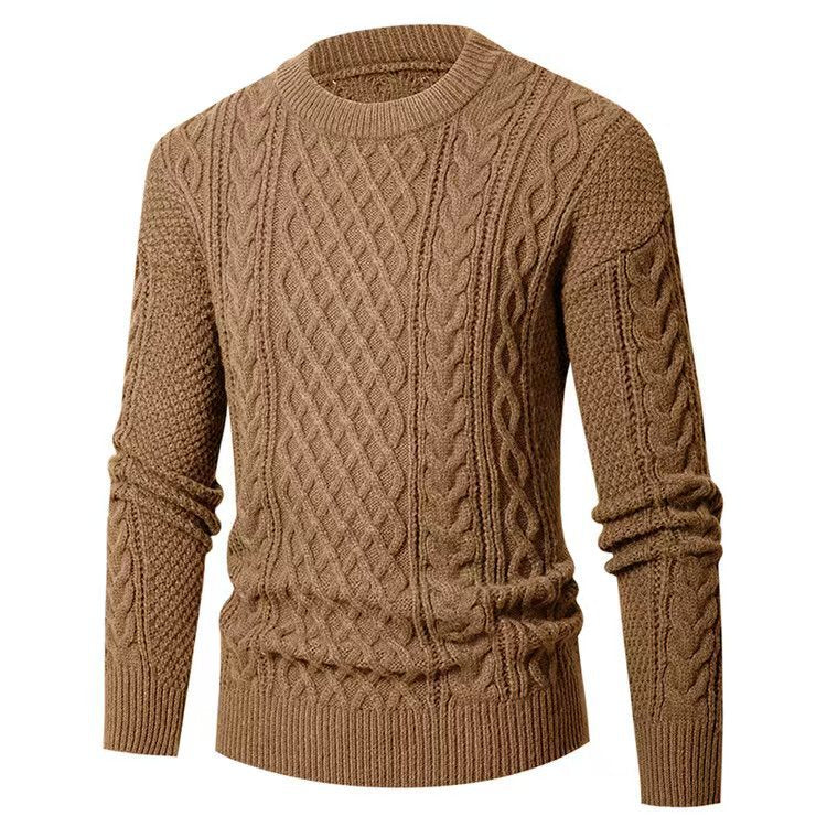 Men's Chunky Knit Sweater with Cable Pattern and Classic Round Neckline Lisslune