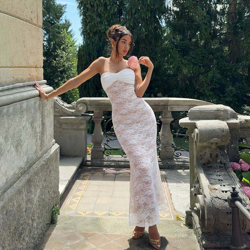 Ladies Corset Maxi Dress with sophisticated lace pattern and strapless design Lune London