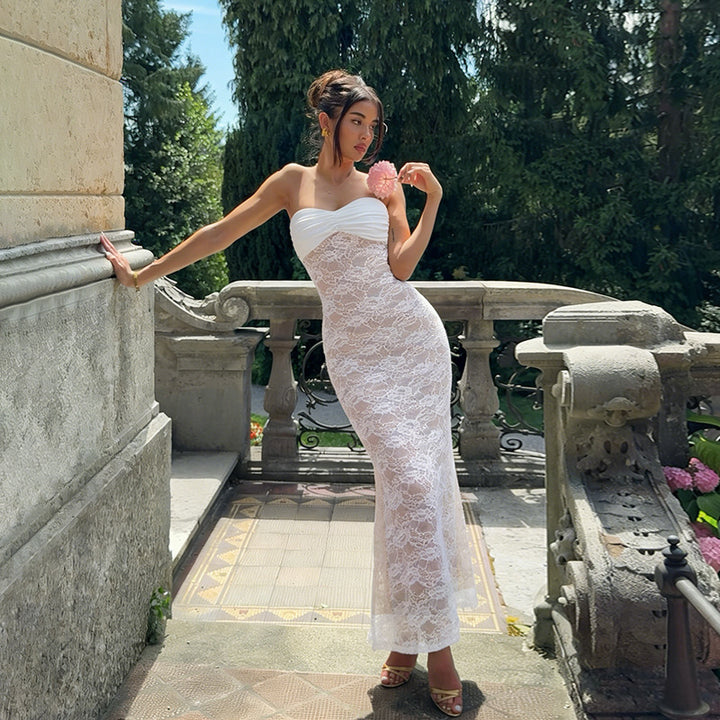 Ladies Corset Maxi Dress with sophisticated lace pattern and strapless design Lune London