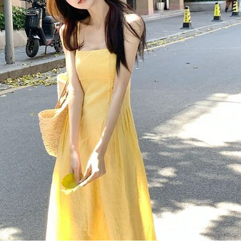 Women Long Sleeve Midi Dress with Narrow Spaghetti Straps and Tailored Cut