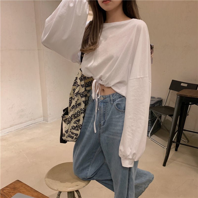 Women Cropped Sweatshirt with innovative drawstring and oversized sleeves Lisslune
