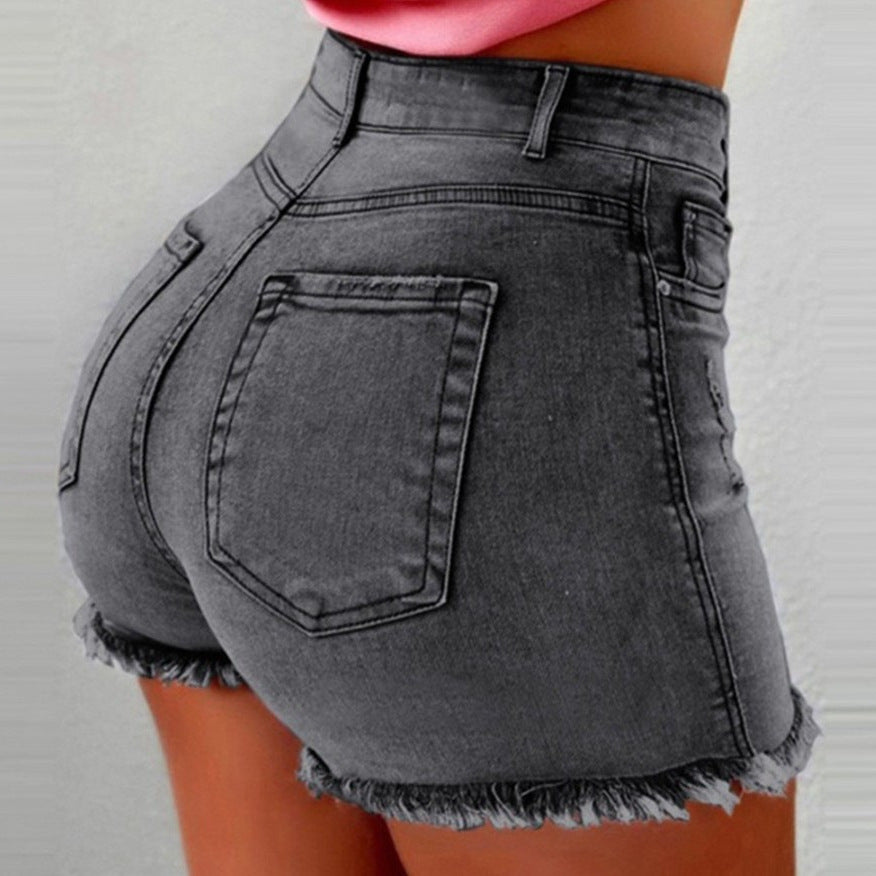 Ladies high-waisted denim shorts with fringed hem Lisslune