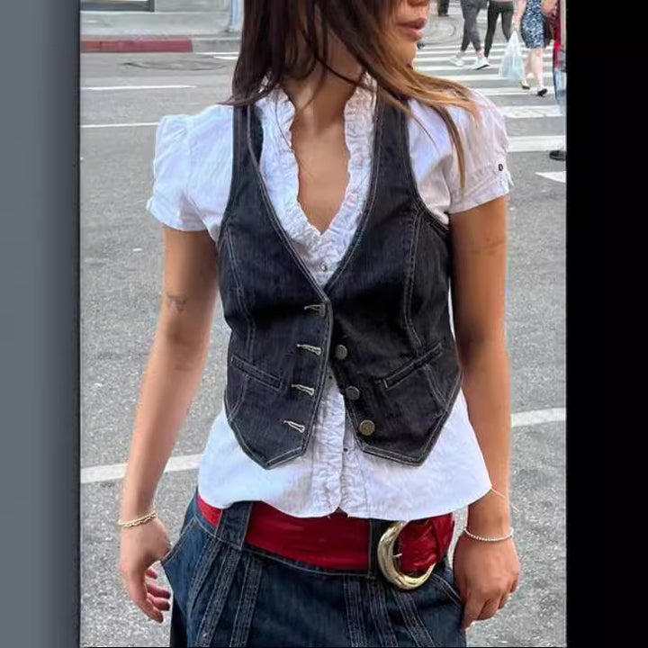 Women's denim vest with fine button details and practical pockets Lisslune