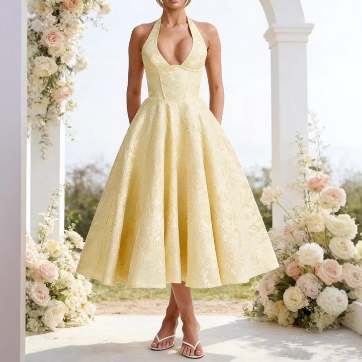 Women's Elegant Halter Neck Midi Dress with Detailed Lace Processing Lisslune