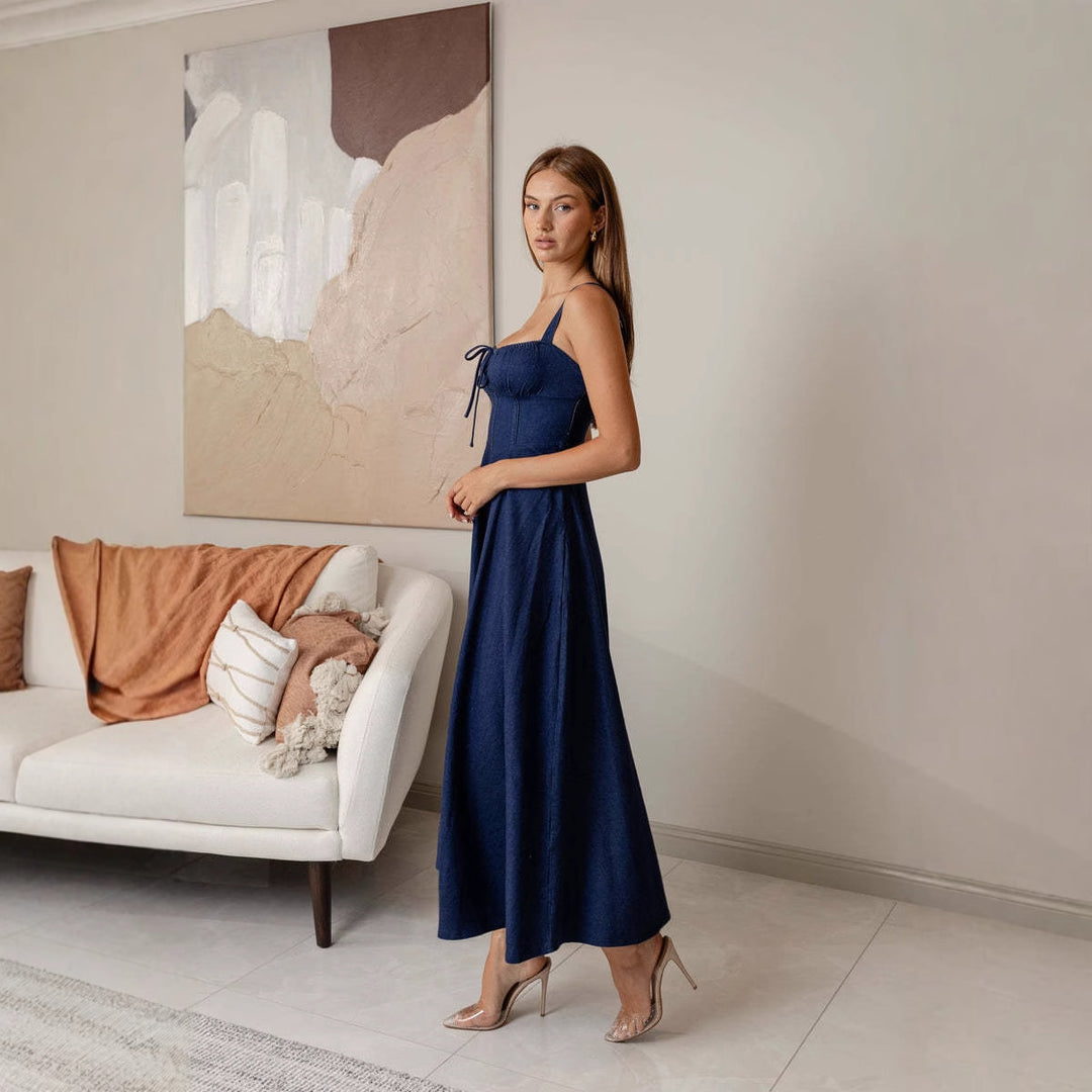 Women's maxi dress with flattering cut and decorative ruffle details