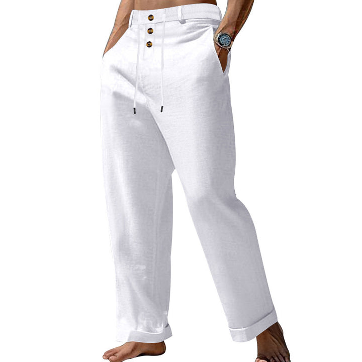 Men's elegant linen pants with adjustable drawstring and button details Lisslune