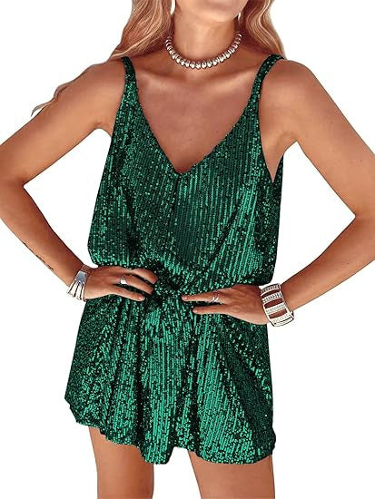 Women's Shimmering Jumpsuit with Deep V-Neck and Elastic Waist Lisslune