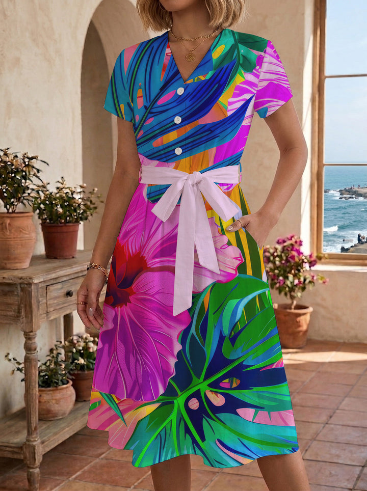 Women’s midi dress with colorful floral design and adjustable tie belt Lisslune
